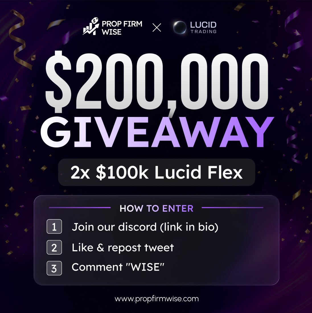 propfirmwise's tweet photo. Giving away 2x @TradingLucid 100K FLEX Accounts.

If you've been waiting for your shot, this is it.

To enter:
• Join our discord: https://t.co/EdJqNa1CFd
• Like &amp; Repost
• Reply with "WISE"

Winners will be announced in 48 hours.

Good luck. https://t.co/41bCMCXHj6