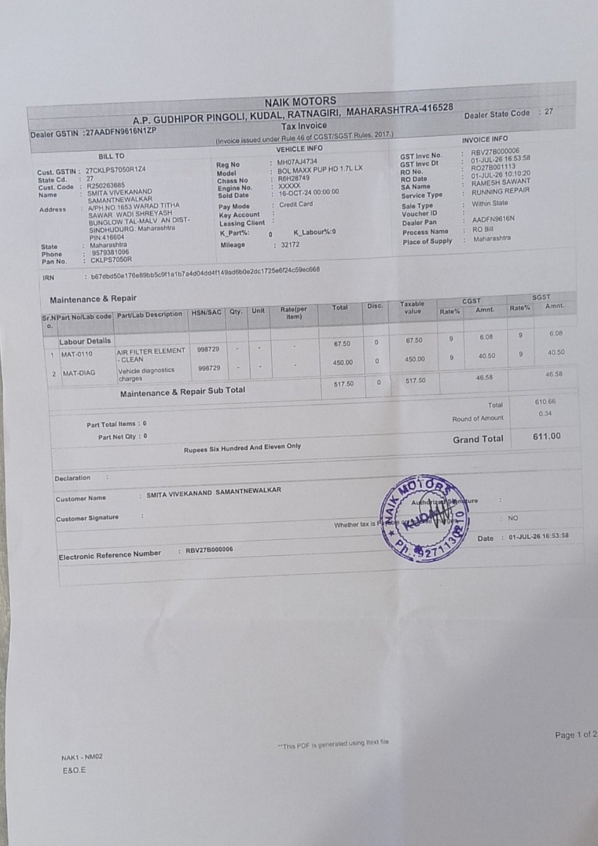 yashsamant's tweet photo. @MahindraRise My Bolero Max HD is under warranty. No parts were replaced, yet your authorized service center charged me ₹611 for diagnostics. Please clarify the warranty policy or refund the amount. Invoice attached. Otherwise, I will approach the Consumer Forum @anandmahindra https://t.co/4o4AaXZQ0f