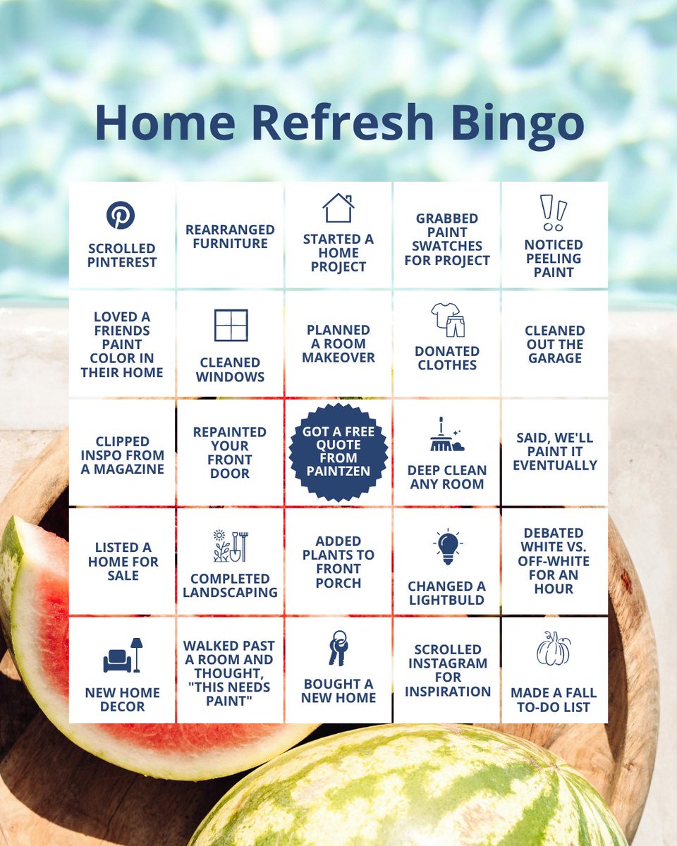 paintzen's tweet photo. Let's play BINGO!! From swapping out heavy winter linens to finally getting that outdoor deck stained, we want to see how you’re bringing a little more "Zen" into your space this season. https://t.co/tT1jBRpYG2