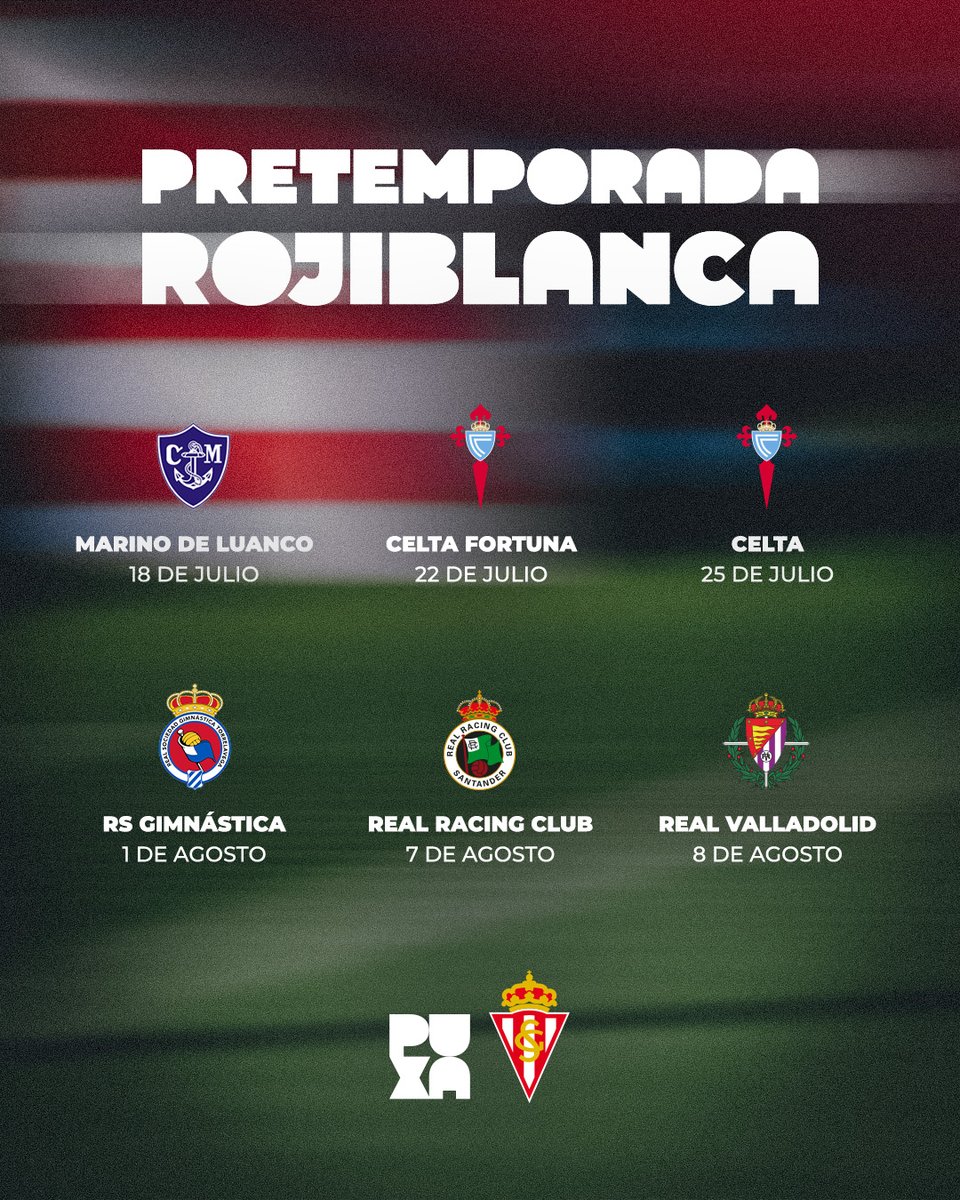 RealSporting's tweet photo. 𝗣𝗿����𝘁𝗲𝗺𝗽𝗼𝗿𝗮𝗱𝗮 🟥⬜️.

🌞 Así será el verano ⚽ del Sporting.

🔜 8 de julio (📍 Mareo).