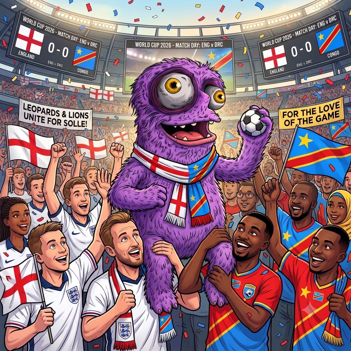 sollememe's tweet photo. Leopards and Lions unite! ๐ฌ๐ง๐ค๐จ๐ฉ
The England v DRC World Cup score is 0-0, but the stands are absolutely alive with #Solle and a united fan base! ๐ฆ๐พ
A true celebration for the love of the game ๐โฝ๏ธ
#WorldCup2026 #WC26 #Solle #England #ThreeLions #DRCongo ๐จ๐ฉ #LesLรฉopards ๐จ๐ฉ#FootballUnity #SolanaMascot #Solana #SOL #LetsGO #SomethingIsHappeningAtTheSollesphere ๐