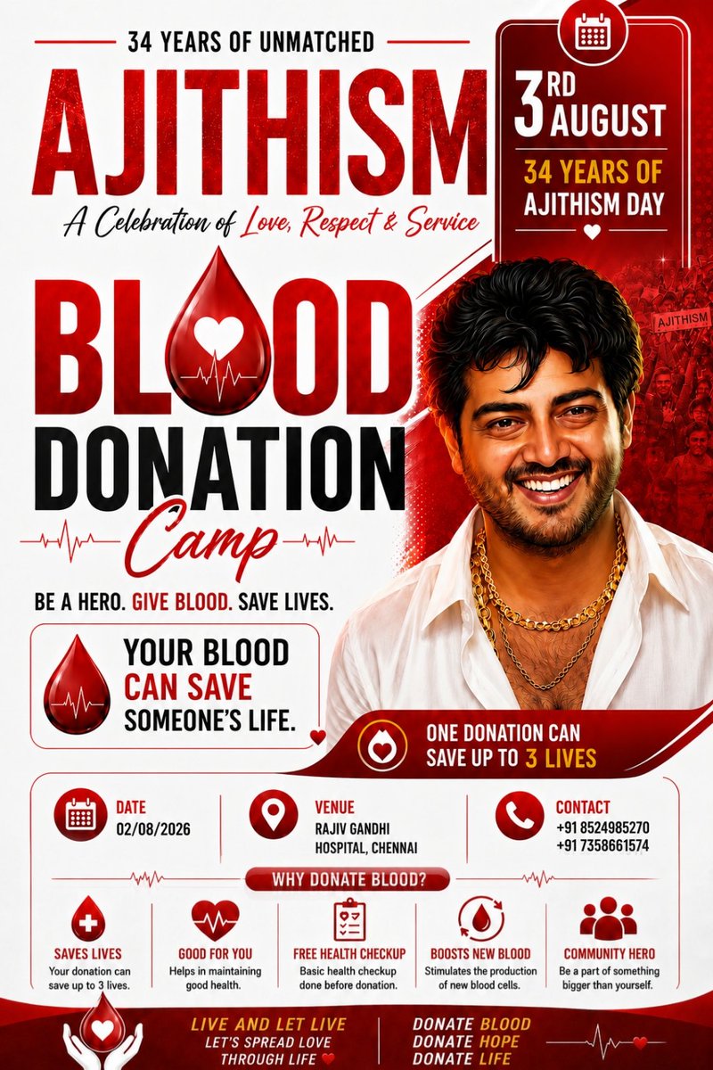 starajith_Thala's tweet photo. ANNOUNCEMENT 🫶🙏🫶🙏🏻
The greatest tribute to THALA #AjithKumar isn't only a celebration. It's saving a life❤️🩸

Join us as we celebrate 34 Yrs of AJITHISM through the noble act of BLOOD DONATION.

Rajiv Gandhi Hospital, Chennai.
2nd Aug 2026

Let's make #Ajithism Day unforgettable.