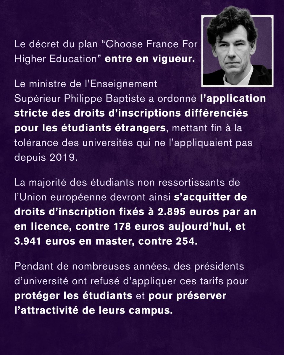 Portes_Thomas's tweet photo. Le gouvernement force les universités à appliquer des tarifs différenciés pour les étudiants étrangers, fermant une nouvelle fois les portes de l'enseignement supérieur aux plus précaires.

Macron cède de nouveau aux sirènes de l'extrême droite et continue de mener des politiques de préférence nationale ! Avec la France Insoumise au pouvoir, l'éducation sera véritablement gratuite et accessible à tous !