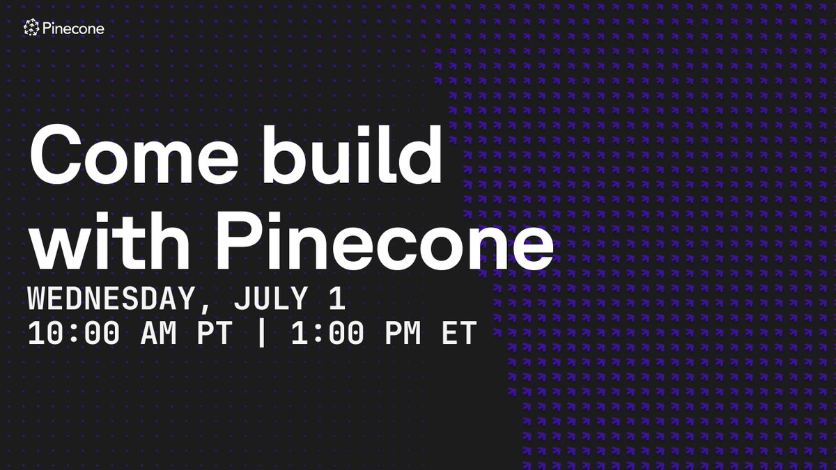 pinecone's tweet photo. Jeff Zhu (VP of Product) and Jasmeet Singh Gujral (Principal PM) join @jennapederson and Arjun Patel on the livestream today to talk about what we've shipped and what's coming.

Then we get into the usual mix: live builds, industry takes, chat Q&A. Join us right here @pinecone.

🗓 TODAY, July 1 - 1pm ET / 10am PT