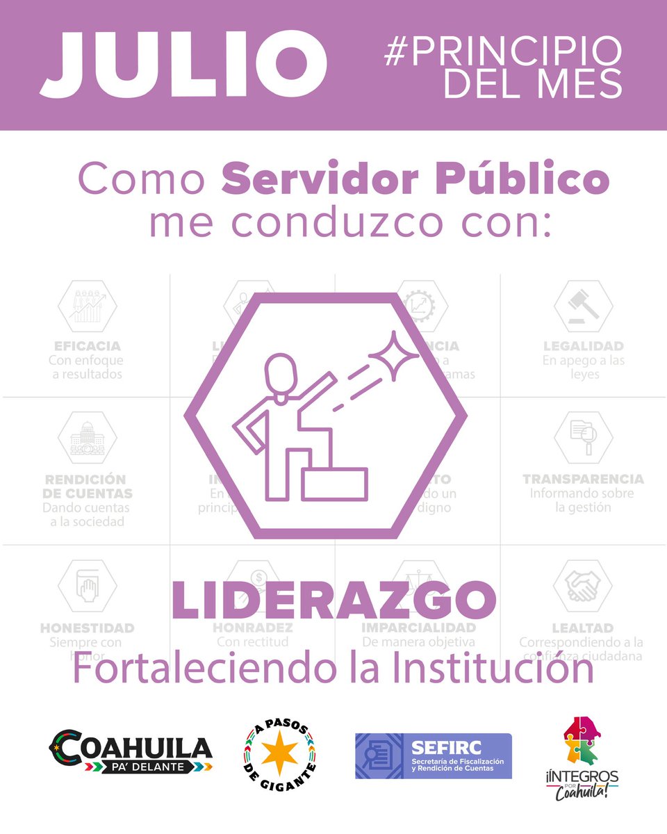 SEFIRC_COAH's tweet photo. Impulsamos el liderazgo en la Administración Pública para una mayor participación y compromiso de las personas servidoras públicas encaminada a la mejora continua en la prestación de servicios.

#PrincipiodelMes
#CoahuilaPaDelante 
#APasosdeGigante https://t.co/Ly93htqbwJ