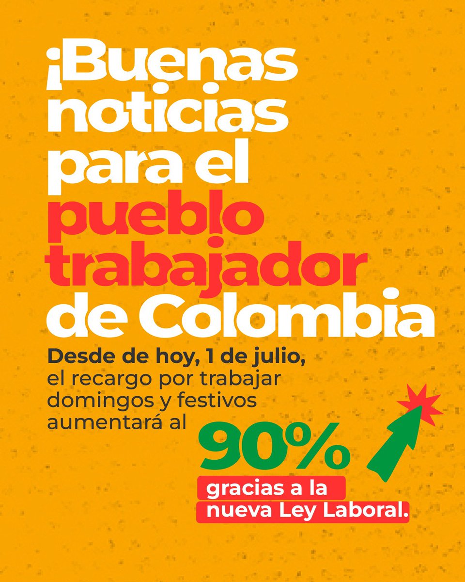MafeCarrascal's tweet photo. Desde hoy, 1 de julio, entra en vigor uno de los cambios más importantes de nuestra Reforma Laboral: el recargo por trabajar domingos y festivos aumenta del 80 % al 90 %. Es decir, quienes laboren esos días recibirán un pago mayor por cada hora trabajada. 

En 2002, durante el gobierno de Álvaro Uribe, la Ley 789 redujo el recargo dominical y festivo del 100 % al 75 %. El argumento fue que abaratar los costos laborales permitiría generar más empleo. 

Esa decisión fue criticada durante años por sindicatos y organizaciones de trabajadores, que sostuvieron que el empleo prometido no aumentó como se esperaba y que, en cambio, millones de trabajadores perdieron ingresos por laborar en sus días de descanso.

Más de dos décadas después, la Ley 2466 de 2025, conocida como la Reforma Labroam, comenzó a revertir esa reducción de manera gradual: en 2025 el recargo subió al 80 %, desde hoy pasa al 90 % y, a partir del 1 de julio de 2027, volverá al 100 %, como existía antes de 2002. 

¿Qué significa ese 90 %? Significa que, por cada hora trabajada un domingo o un festivo, además del valor normal de la hora, el trabajador recibirá un 90 % adicional como recargo. Si una hora ordinaria vale $10.000, esa misma hora en domingo se pagará en total a $19.000: los $10.000 de la hora más $9.000 del recargo.

Este beneficio aplica principalmente para quienes trabajan en sectores como comercio, restaurantes, hoteles, vigilancia, transporte, salud y otros servicios que operan domingos y festivos.

Además, julio trae otro cambio importante: desde el 15 de julio, la jornada máxima laboral se reducirá a 42 horas semanales, culminando la implementación gradual de esa medida. También ya está vigente que la jornada nocturna comienza a las 7:00 p. m., por lo que más trabajadores reciben recargo nocturno. 

El gobierno del presidente @petrogustavo le cumplió a los trabajadores.

Estas medidas representan la recuperación de derechos laborales perdidos hace más de veinte años. 

Seguiremos defendiendo la dignidad de los y las trabajadoras ante las amenazas del gobierno entrante de Abelardo De La Espriella de echar para atrás lo conquistado.