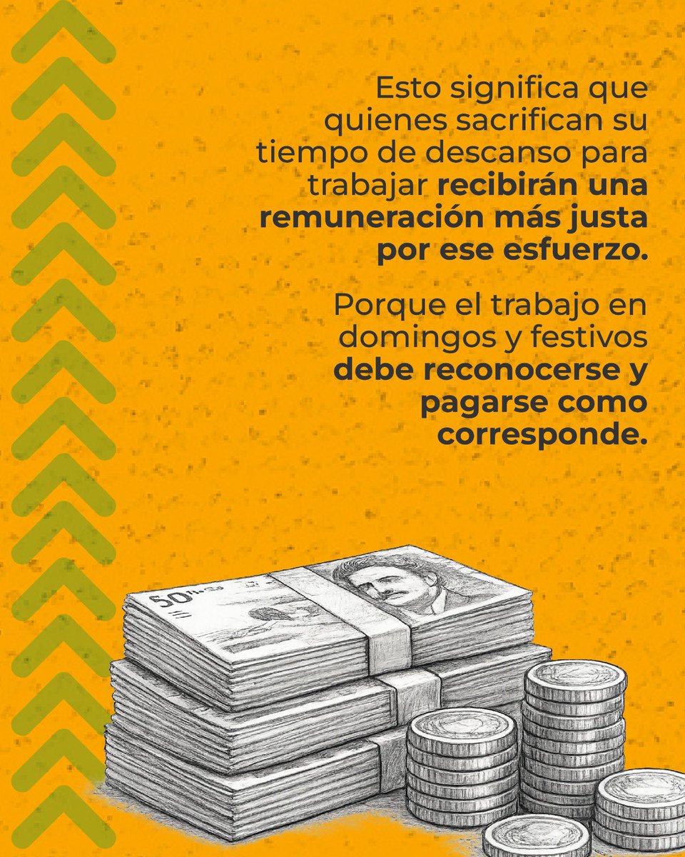 MafeCarrascal's tweet photo. Desde hoy, 1 de julio, entra en vigor uno de los cambios más importantes de nuestra Reforma Laboral: el recargo por trabajar domingos y festivos aumenta del 80 % al 90 %. Es decir, quienes laboren esos días recibirán un pago mayor por cada hora trabajada. 

En 2002, durante el gobierno de Álvaro Uribe, la Ley 789 redujo el recargo dominical y festivo del 100 % al 75 %. El argumento fue que abaratar los costos laborales permitiría generar más empleo. 

Esa decisión fue criticada durante años por sindicatos y organizaciones de trabajadores, que sostuvieron que el empleo prometido no aumentó como se esperaba y que, en cambio, millones de trabajadores perdieron ingresos por laborar en sus días de descanso.

Más de dos décadas después, la Ley 2466 de 2025, conocida como la Reforma Labroam, comenzó a revertir esa reducción de manera gradual: en 2025 el recargo subió al 80 %, desde hoy pasa al 90 % y, a partir del 1 de julio de 2027, volverá al 100 %, como existía antes de 2002. 

¿Qué significa ese 90 %? Significa que, por cada hora trabajada un domingo o un festivo, además del valor normal de la hora, el trabajador recibirá un 90 % adicional como recargo. Si una hora ordinaria vale $10.000, esa misma hora en domingo se pagará en total a $19.000: los $10.000 de la hora más $9.000 del recargo.

Este beneficio aplica principalmente para quienes trabajan en sectores como comercio, restaurantes, hoteles, vigilancia, transporte, salud y otros servicios que operan domingos y festivos.

Además, julio trae otro cambio importante: desde el 15 de julio, la jornada máxima laboral se reducirá a 42 horas semanales, culminando la implementación gradual de esa medida. También ya está vigente que la jornada nocturna comienza a las 7:00 p. m., por lo que más trabajadores reciben recargo nocturno. 

El gobierno del presidente @petrogustavo le cumplió a los trabajadores.

Estas medidas representan la recuperación de derechos laborales perdidos hace más de veinte años. 

Seguiremos defendiendo la dignidad de los y las trabajadoras ante las amenazas del gobierno entrante de Abelardo De La Espriella de echar para atrás lo conquistado.