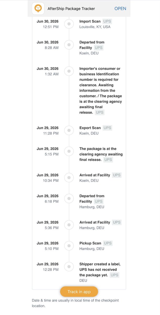 TravisBartow's tweet photo. @UPS, this is what the communication regarding my shipment from @Germany looked like in just over 24 hours. 
Detailed, concise and frequent. 

Since hitting the US, nearly 24 hours later, it’s apparently still being scanned in KY with no updates. 

Pretty astounding difference. https://t.co/cBMbXGo5iy