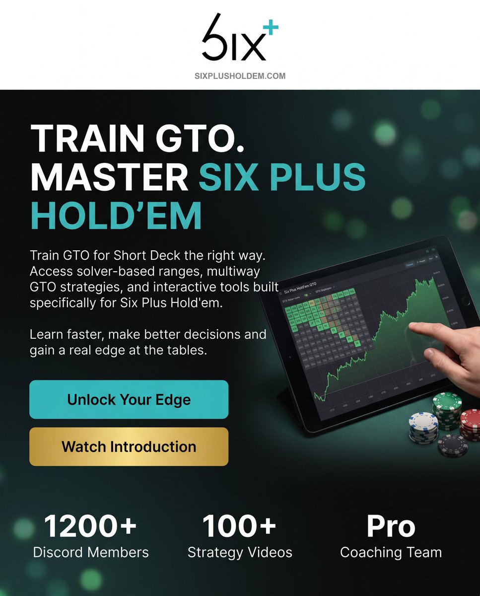 SixPlusHoldem's tweet photo. The best Short Deck players don’t guess. They study the spots that matter, build solid ranges, and let the math do the work.
If you’re ready to level up your game, start with the tools built specifically for Six Plus Hold’em at https://t.co/GDfsSjjF4j.
#shortdeck #sixplus #pokerstrategy #pokertips #pokerpro #pokergrind #pokerlife #winningmindset #pokercoach #6pluspoker #6plus #pokerplayer #poker #sixplusholdem #pokerstudy #shortdeckpoker #pokertraining #onlinepoker #discipline #grindmode