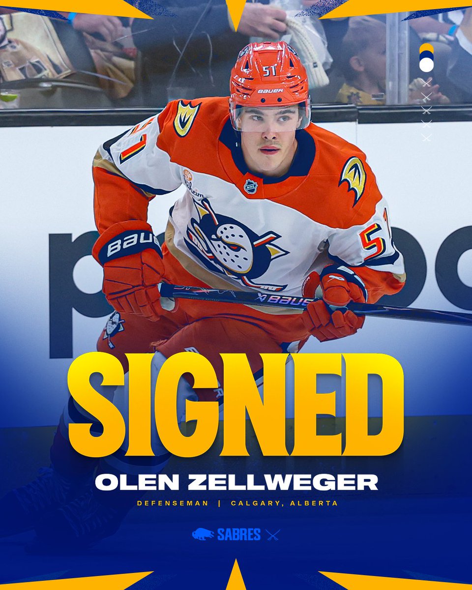 BuffaloSabres's tweet photo. Officially official ⚔️

We have signed Olen Zellweger to a three-year contract with an AAV of $3.1 million.

Details → https://t.co/lkPsHouvlt https://t.co/Qu2CljeB14