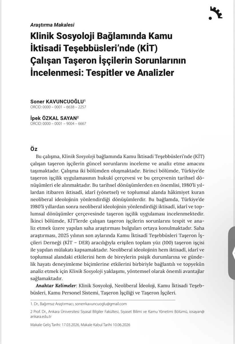 ipekozkal's tweet photo. Dr. Soner Kavuncuoğlu ile kaleme aldığımız;
"Klinik Sosyoloji Bağlamında Kamu İktisadi Teşebbüsleri'nde (KİT) Çalışan Taşeron İşçilerin Sorunlarının İncelenmesi: Tespitler ve Analizler" başlıklı makale, 
Emek Araştırma Dergisi'nin son sayısında (Cilt 17, Sayı: 29) yayımlanmıştır.

Okumanız dileklerimizle…
👇
https://t.co/GeHfnDnkdN