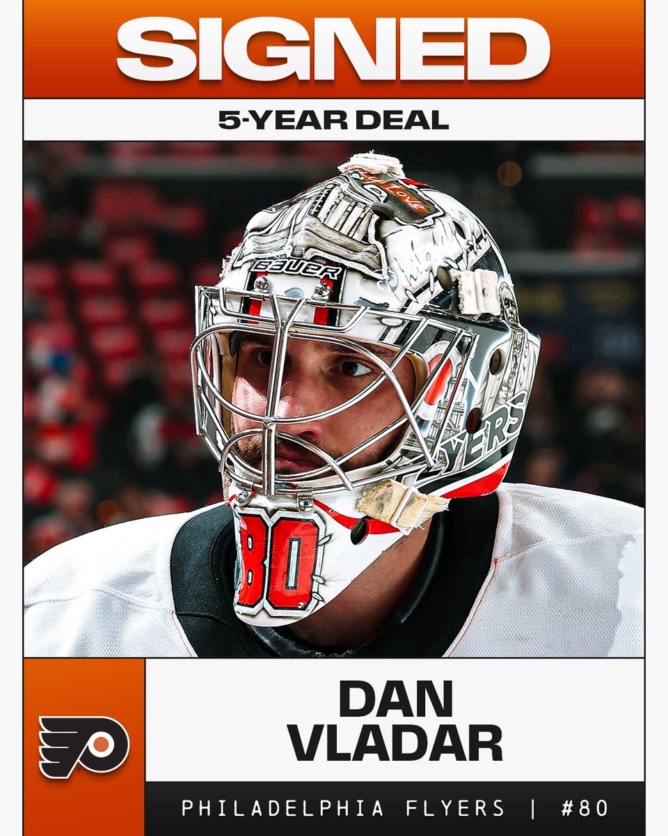 NHL's tweet photo. FIVE MORE PHILLY YEARS 🟠 #NHLFreeAgency

Dan Vladar has signed a five-year deal with the @NHLFlyers! https://t.co/N8SJITzbpu
