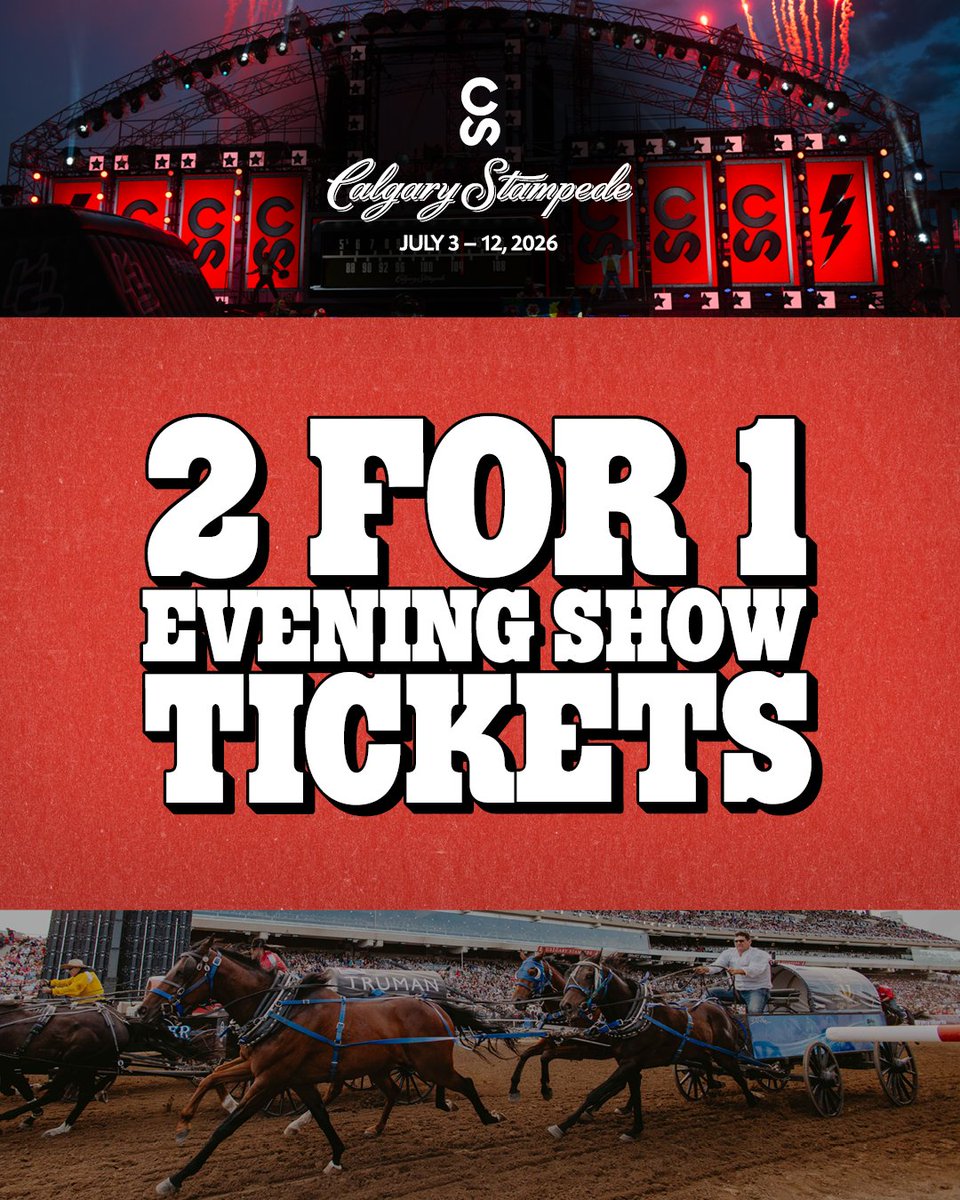 calgarystampede's tweet photo. Bring your bestie on us! For 24 hours only, score 2-for-1 tickets to the Calgary Stampede Evening Show with promo code GRITANDGLAM.

Experience an unforgettable night featuring the Rangeland Derby Chuckwagon Races presented by @PlayAlbertaCA, the @ENMAX Relay Races and the Grandstand Show presented by @FreedomMobile. Plus, your ticket includes admission to Stampede Park.

🎟️ Offer valid online only from 10 a.m. (MT) July 1 to 10 a.m. (MT) July 2 on select sections while quantities last.

Don't wait. Get your tickets before this offer rides off. https://t.co/vB18xNytMS