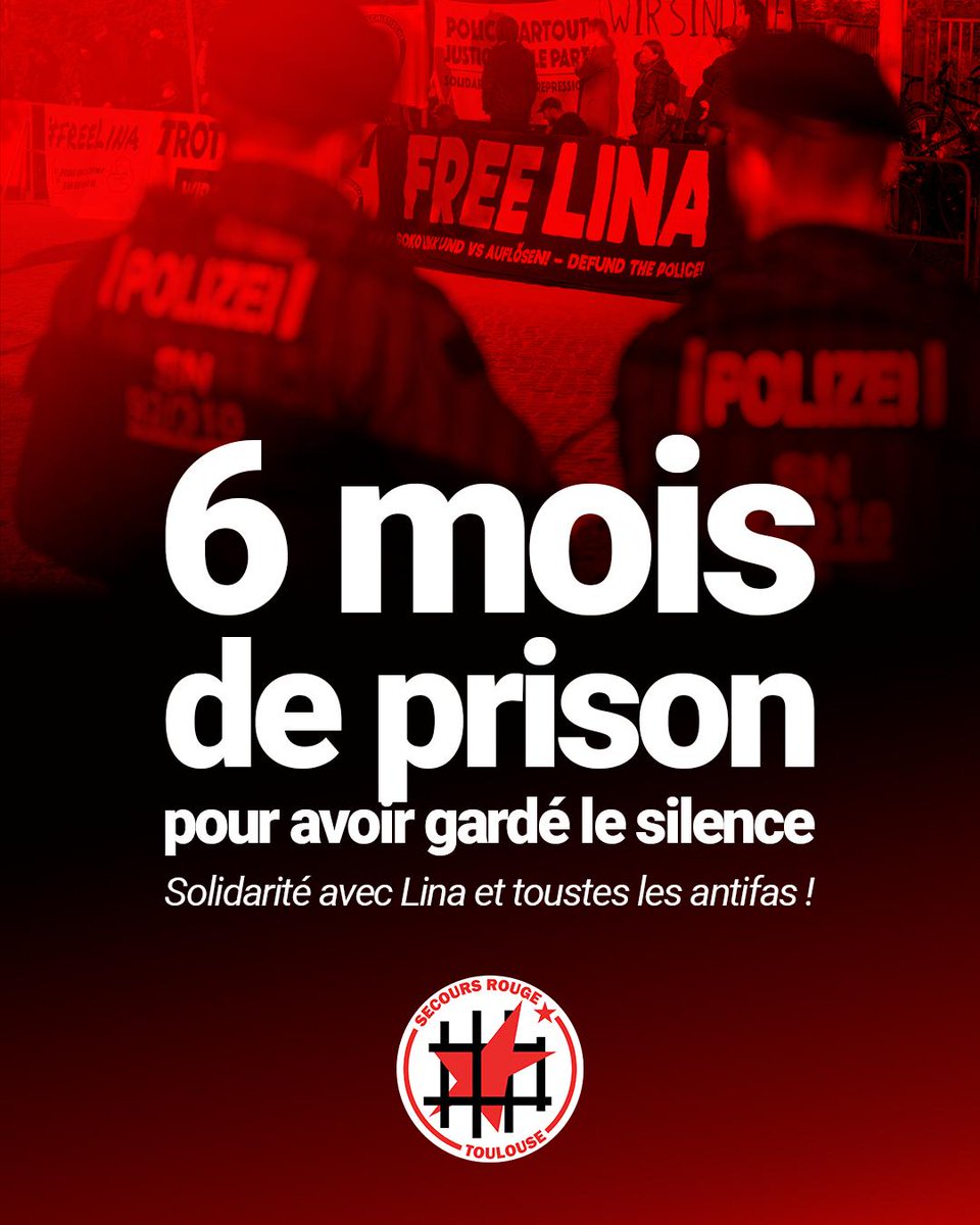 SecoursRougeT's tweet photo. 🏴🚩 6 mois de prison pour avoir gardé le silence ! Solidarité avec Lina et toustes les antifas !

#FreeLina #FreeAllAntifas ⤵️ https://t.co/MDmP4qsIML