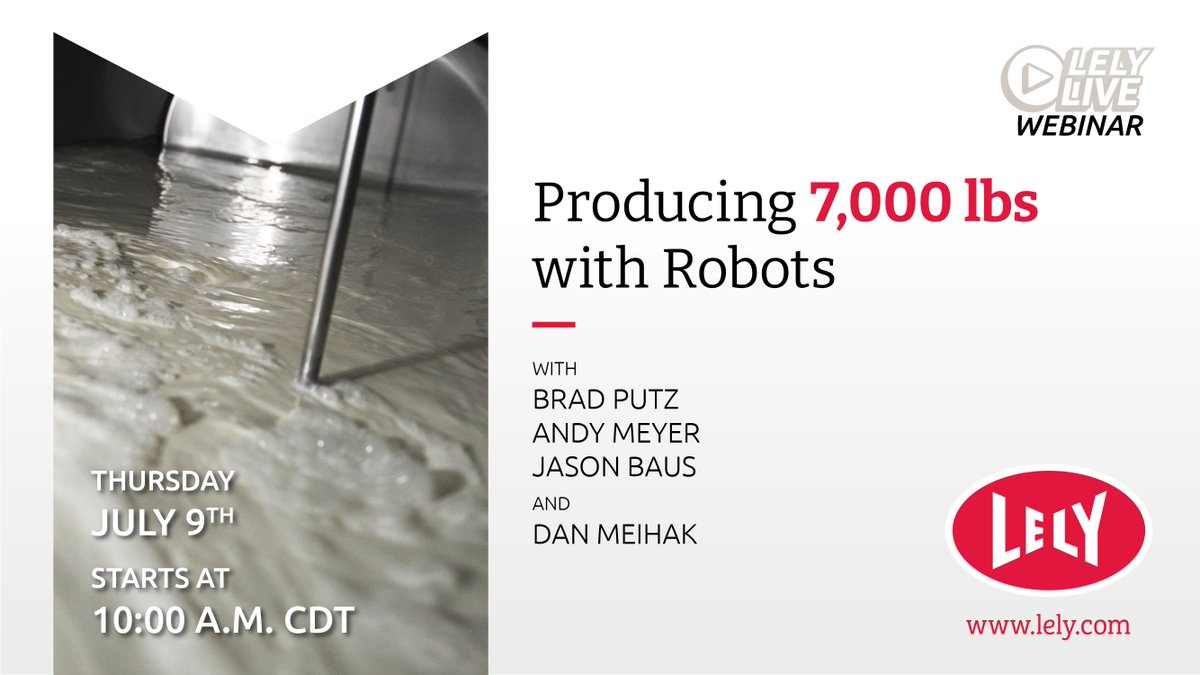 DairyRobot's tweet photo. The best insights often come from fellow producers.

Tune in live from Putz Dairy as 3 top-performing Lely producers join Commercial Product Specialist Dan Meihak to discuss what it takes to achieve 7,000 lbs. per robot. 🤖

👉 Register: https://t.co/3hTxSJaZsM https://t.co/I6hBWKhyN0