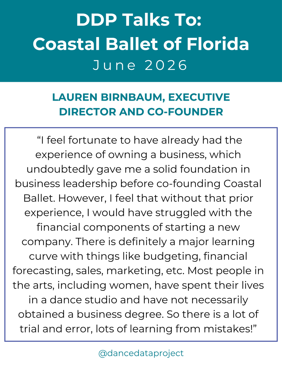 dancedatap's tweet photo. Check out our June DDP Talks To interview with Coastal Ballet of Florida, available now! Executive Director and Co-Founder Lauren Birnbaum discusses the steep learning curve many arts leaders face when building an organization. https://t.co/5H3XH8HL4n