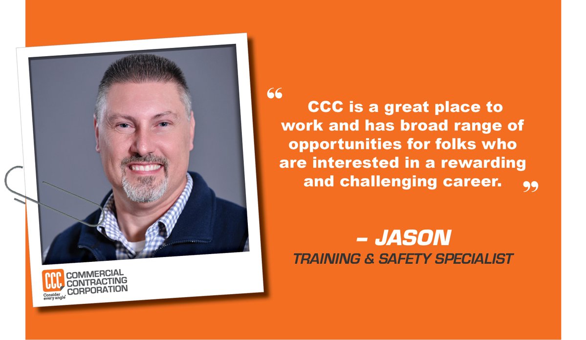 CCCAH1's tweet photo. As Training &amp; Safety Specialist, Jason develops and delivers safety training programs and assists with technical site-safety evaluations. His favorite part about his job is implementing successful processes that result in a team win. Read more: 
https://t.co/zkS1dBWyD3
#CCC https://t.co/VjIF7cYYii