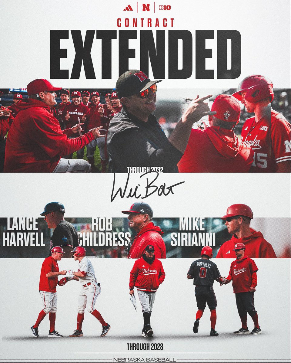 HuskerBaseball's tweet photo. Locked N. 🔒
Coach Bolt has signed an extension through 2032.
Assistants Lance Harvell, Rob Childress and Mike Sirianni have signed two-year extensions through 2028. https://t.co/z0dBQSUNRJ