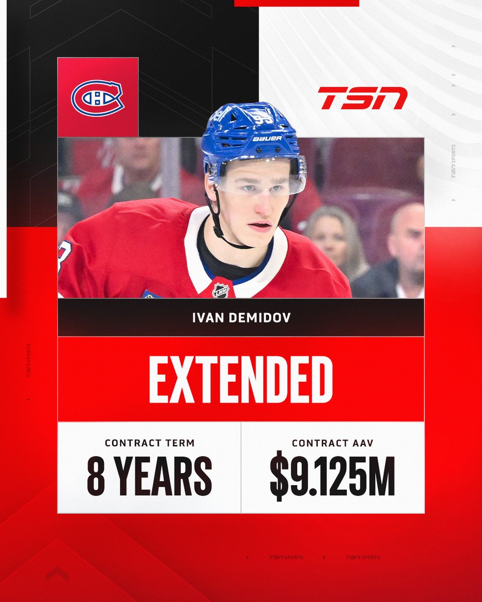 TSN_Sports's tweet photo. Ivan Demidov has agreed to an 8-year extension with the Montreal Canadiens at a $9.125M AAV, per his agent. https://t.co/jpwHCEOGq0