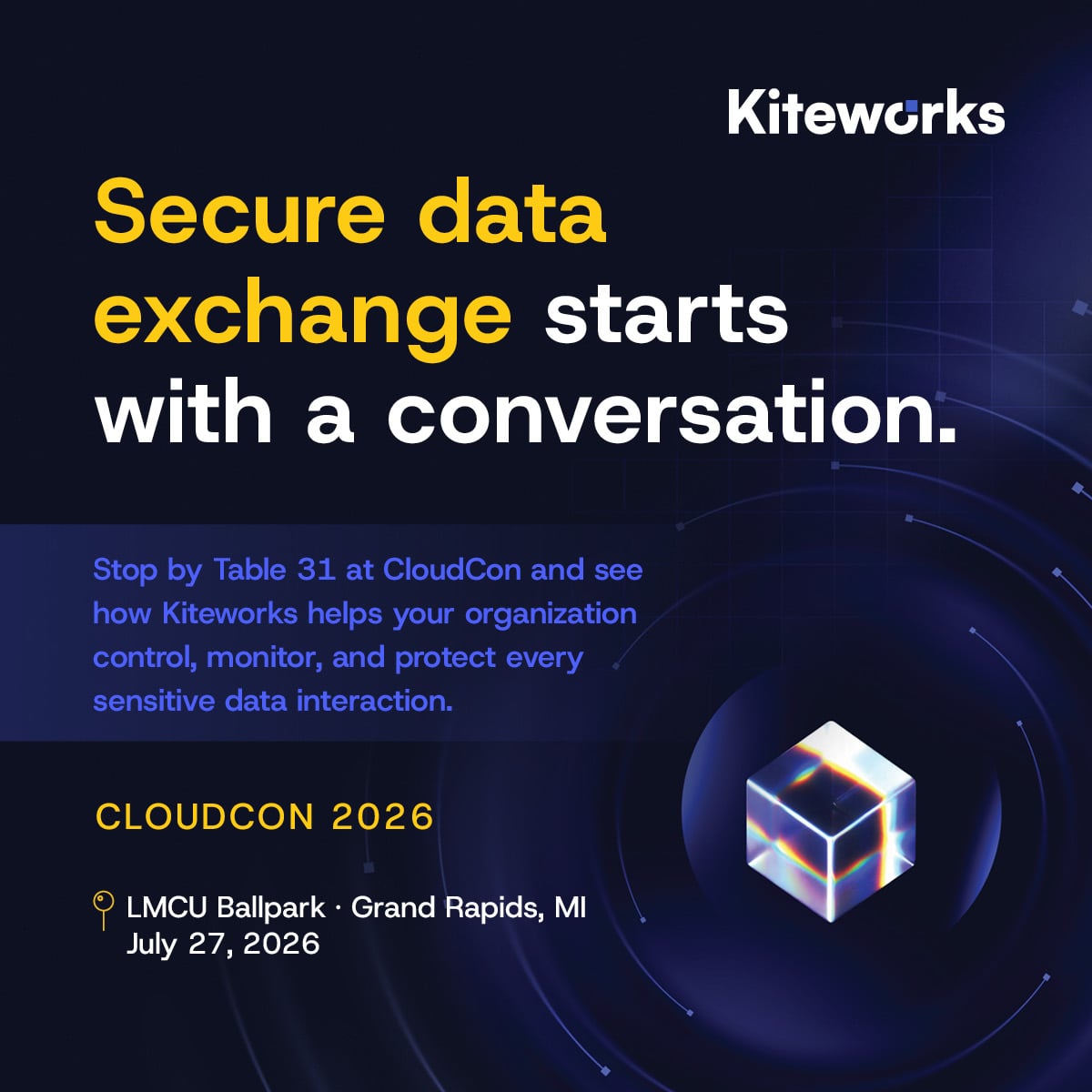 Kiteworks's tweet photo. Headed to #CloudCon? Stop by Table 31 to see how #Kiteworks unifies secure email, file sharing, MFT, APIs, and AI agents in one control plane. Join us at LMCU Ballpark on July 27 and get complete visibility into sensitive data movement. https://t.co/Pf1SMIjs0j