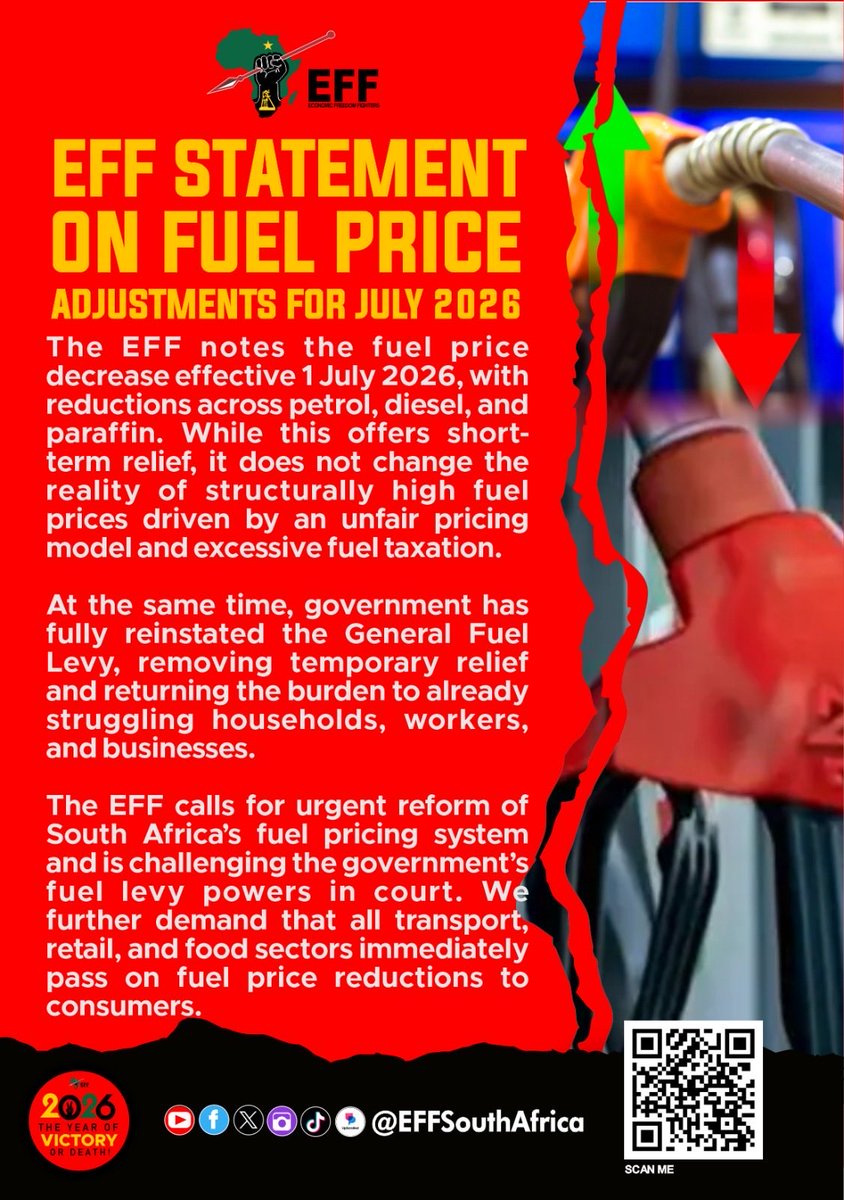 EFFSouthAfrica's tweet photo. THE EFF’S STATEMENT ON FUEL ADJUSTMENTS FOR JULY 2026 https://t.co/aRS2YvNrsg