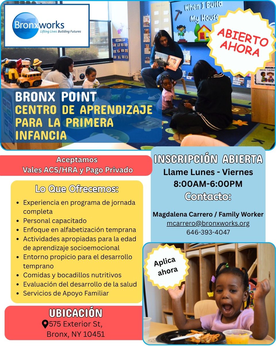BronxWorks's tweet photo. Now enrolling at BronxWorks Bronx Point Early Childhood Learning Center! 🎉 Full‑day care for children ages 2–5 with early literacy, social‑emotional learning &amp; meals. Mon–Fri, 8AM–6PM. To apply, contact us at 646.393.4047. https://t.co/h8NU7QHUMN
