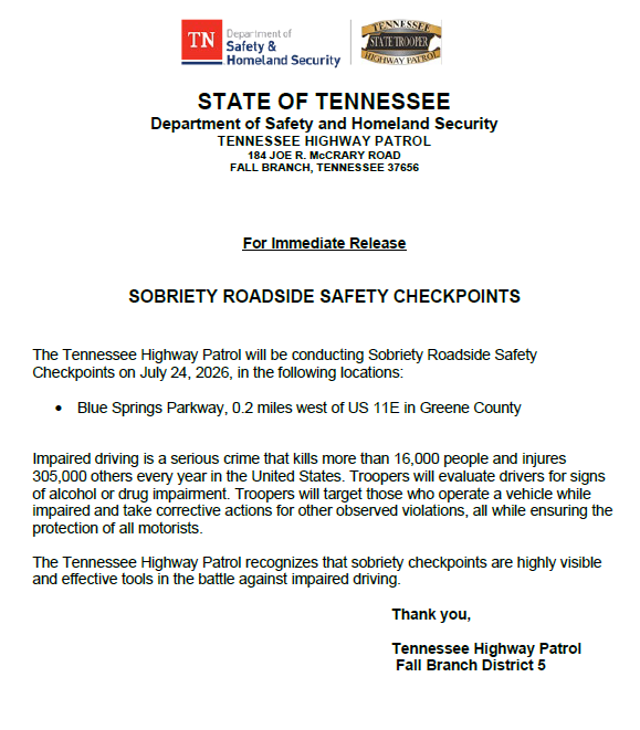THPFallBranch's tweet photo. 🔶Please see the notification below regarding an upcoming checkpoint in the Fall Branch district. #BoozeItAndLoseIt #DriveHighGetADUI https://t.co/DVBpAQLfVp