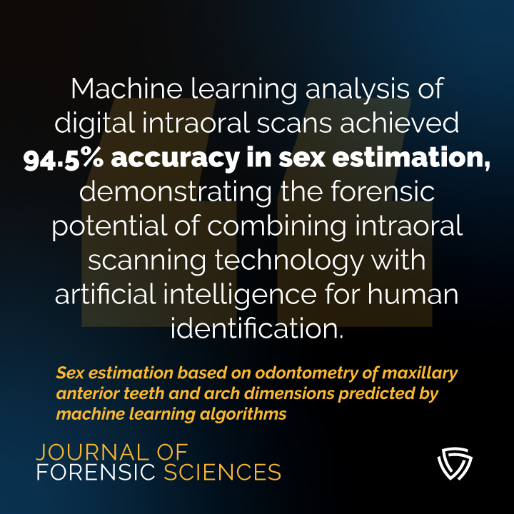 The_AAFS's tweet photo. Can artificial intelligence use a digital dental scan for sex estimation?
#MachineLearningModels applied to measurements obtained from #IntraoralScans can achieve up to 94.5% accuracy.
Learn more about forensic human identification in #JFS article: https://t.co/mIVCb9dJhn https://t.co/n0rdzDdDhu