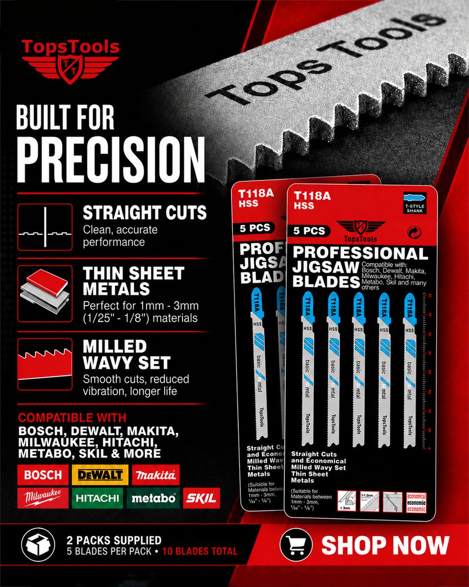 TopsTools's tweet photo. Straight cuts for thin sheet metals. 🔴⚫
TopsTools T118A HSS Professional Jigsaw Blades.
5 blades per pack. 2 packs supplied. 10 blades total.
Universal T-shank fitment for most major jigsaw brands.
#TopsTools #JigsawBlades #TradeTools #ToolsOfTheTrade https://t.co/zEYk1fQoRZ