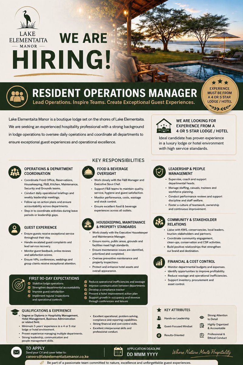 LakeElementaita's tweet photo. At Lake Elementaita Manor, we believe exceptional guest experiences begin with exceptional leadership.

We are looking for 
 1. experienced Resident Operations Manager 
 2. A Food and beverage Supervisor 
#IkoKaziKe #HospitalityJobs #Lakeelementaitamanor https://t.co/Kd59PE0hVe