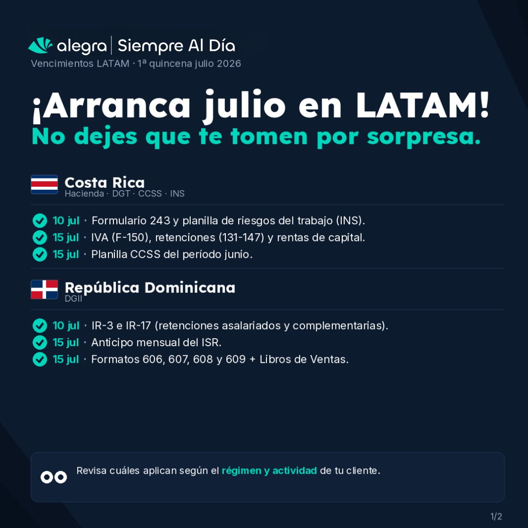AlegraWeb's tweet photo. 🚀 ¡Arranca julio y la agenda fiscal en LATAM no da tregua! Que los vencimientos de la primera quincena no te tomen por sorpresa. 🗓️

Revisa las fechas clave para 🇨🇴 🇲🇽 🇩🇴 🇨🇷 y mantén al día tus obligaciones. ¡Evita multas y organiza tu calendario! 👇

#Contabilidad #Impuestos https://t.co/A6mzMu68Rz