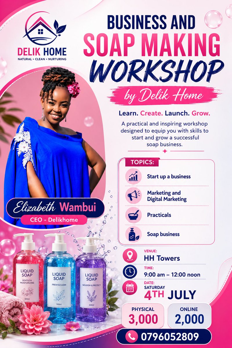 delikhome's tweet photo. We are so ready for Saturday 4th July month to hear from @lizziembuthia Director and Cofounder of @delikhome &amp; @delik_detergents 

Book a slot with us today.
☎️ 0796052809

#businessworkshop #delikhome #soapmaking #startup https://t.co/B01bRs5xru