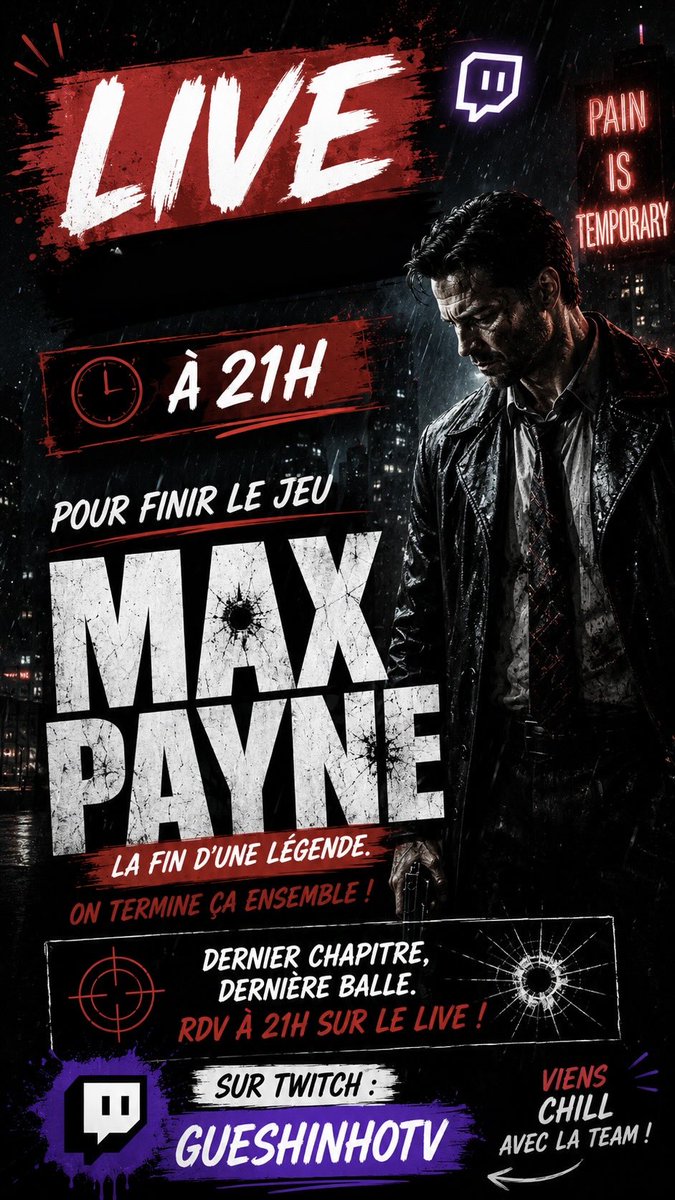 Gueshinhotv's tweet photo. 🔫 CE SOIR 21H🔫
                              👇
SUR TWITCH REJOINS MOI POUR FINIR EN BEAUTÉ MAX PAYNE 

🚨🎥👉 https://t.co/iPrhn1ewnC

#live #maxpayne #letsplay #twitch #game #france #portugal #world #pc #streamer https://t.co/JP7rpNRUzD
