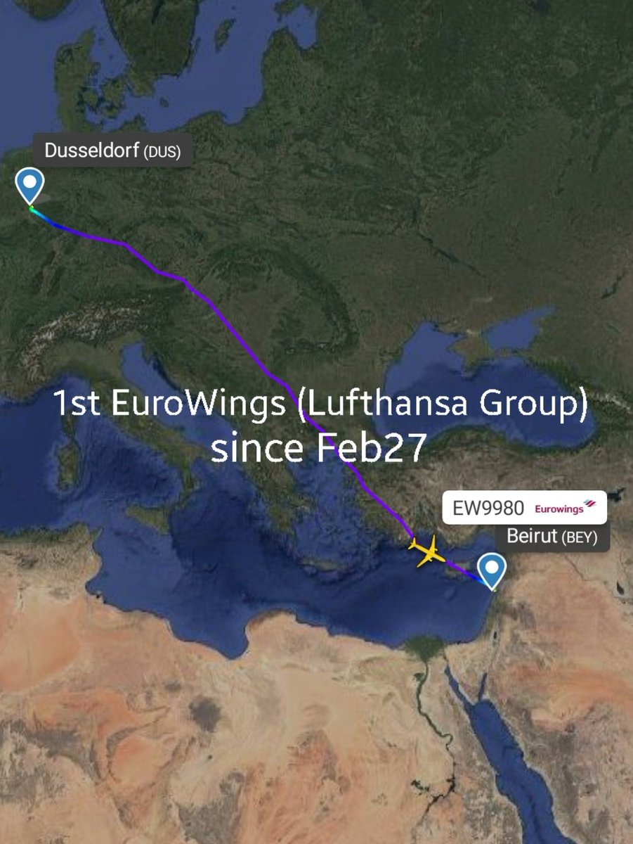 LebanonJets's tweet photo. Welcome back @eurowings 1st flight for Lufthansa Group back to #Beirut in over 4 months & defying EASA's current extension to avoid #Lebanon's airspace. #DAEEE A321neo from Dusseldorf as #EW9980 https://t.co/iVYf5kz6kS