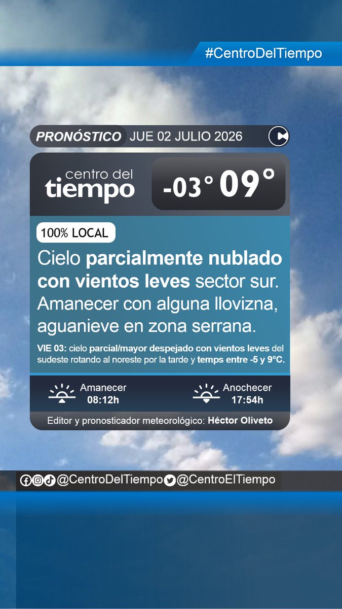 centroeltiempo's tweet photo. Nuestra previsión meteorológica 100% local para mañana jueves 2 de julio y un adelanto para el helado viernes 3 acá:
🕕Emisión 01/07/26 18 h.
⚠️Válido para el área triciudad de #Azul, #Olavarría y #Tandil en el centro de la #ProvinciaDeBsAs. https://t.co/LMVuVIBoFB