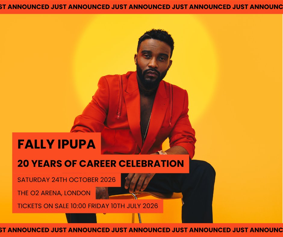 Gigantic's tweet photo. ✨ JUST ANNOUNCED ✨

Due to phenomenal demand for his sold-out O2 show, Fally Ipupa (@fallyipupa01) adds a second night to mark 20 years of his career!

👑 The O2 arena, London
📅 Saturday 24th October 2026

🔗: https://t.co/YKuWBgP8GT https://t.co/WweG67HmXq