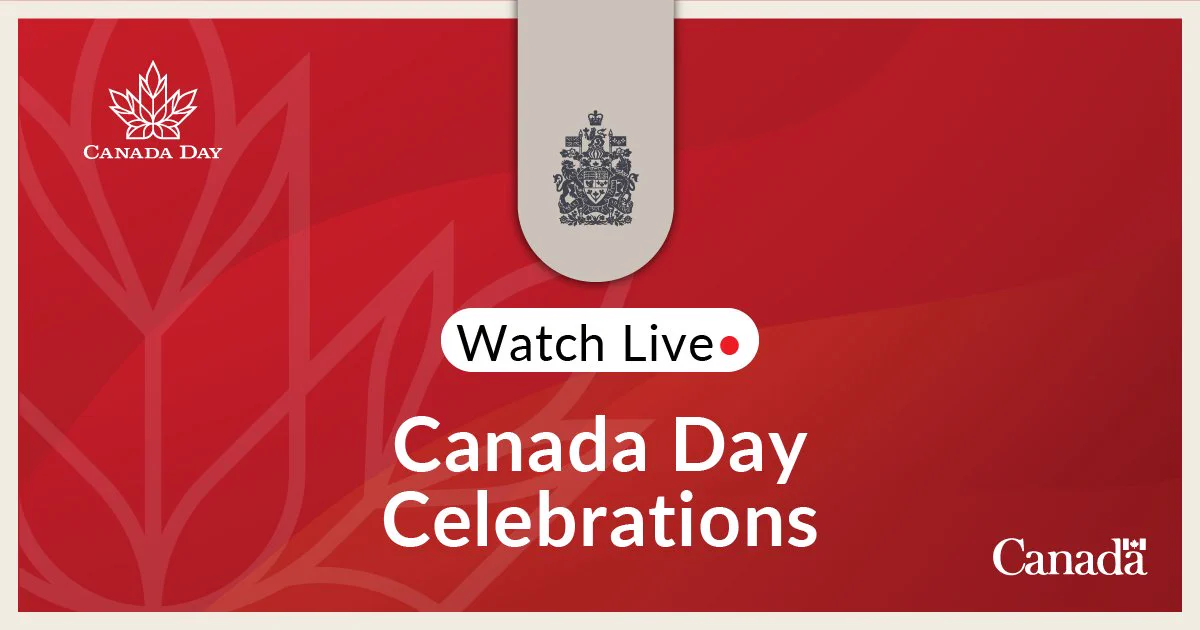 A stylized maple leaf outline against a red background. Text: Watch Live. Canada Day Celebrations. 