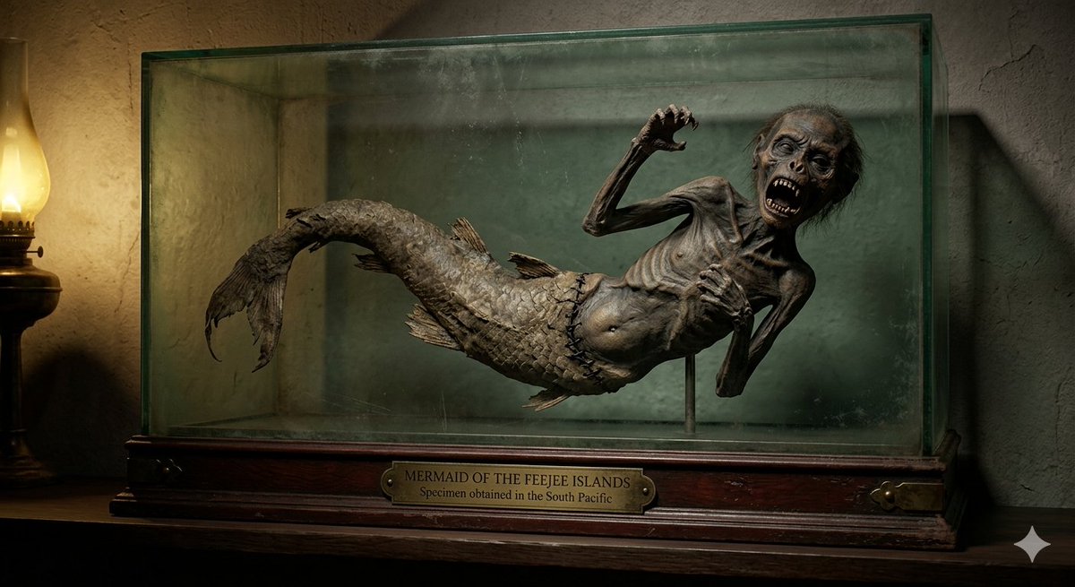 microcuento99's tweet photo. Hay una teoría que dice que Barnum si tenía una sirena real en su exhibición pero que en el incendio se perdió. Fue cuando la sustituyó con esa pieza de taxidermia mitad pez, mitad mono que conocemos.
Me gusta creer que hubo una sirena verdadera. https://t.co/KjqLlphnEz