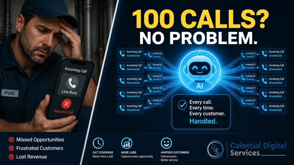 CelestialCDS's tweet photo. Missing 5 calls/week = $312,000/year loss. ❌

Stop the busy signals! Our 24/7 AI agents handle 100+ calls at once. 🚀

✅ 30-Day FREE TRIAL
✅ $4,475 Year 1 ($2k setup waived for trial)
✅ 48-Hr Setup

Reclaim your revenue: https://t.co/ZkD6kkR8Hi https://t.co/UQMQmk0DLg