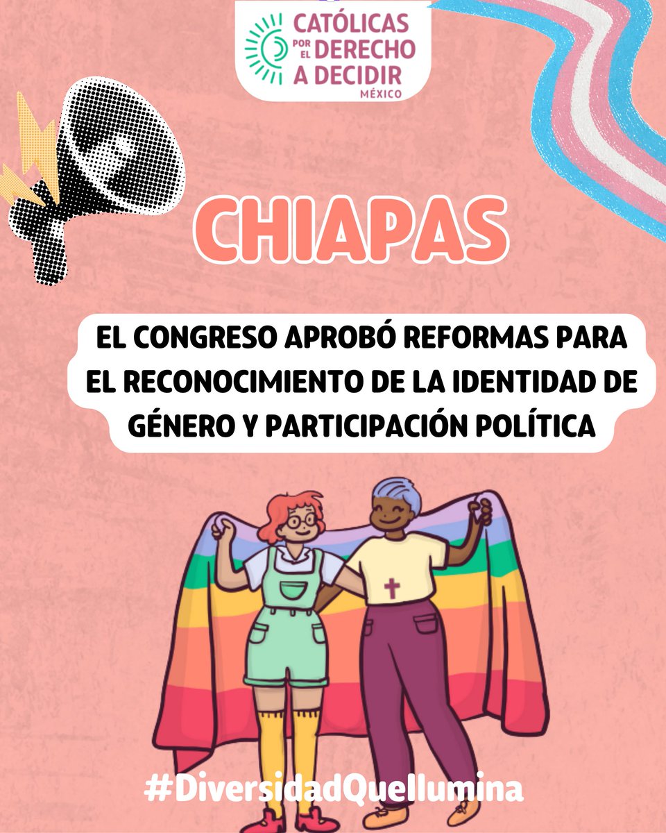 CDDMexico's tweet photo. Ayer también ganó Chiapas! 🎉

📣 El Congreso del Estado aprobó reformas para el reconocimiento de la identidad de género. Con ello, #Chiapas avanza hacia una sociedad más justa y respetuosa de los derechos LGBTTTIQA+ 🌈

#DiversidadQueIlumina #CDDMx https://t.co/kVMbbIbt3g