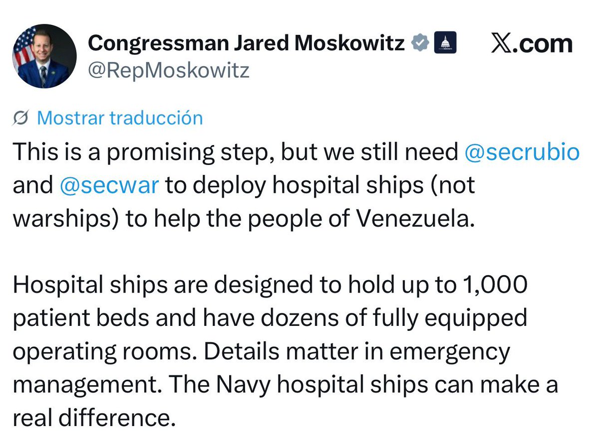 Voz_US's tweet photo. 🚨BREAKING | Congressman Jared Moskowitz (@RepMoskowitz) proposes that @SecRubio and @SecWar deploy hospital ships to assist Venezuelans affected by the earthquakes

"Hospital ships are designed to hold up to 1,000 patient beds and have dozens of fully equipped operating rooms. Details matter in emergency management. The Navy hospital ships can make a real difference."