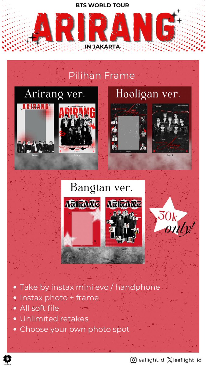 chanBbok_'s tweet photo. Hallow ARMYs💟
Yuk yang minat foto polaroid BTS WORLD TOUR ‘ARIRANG’ IN JAKARTA nanti aku udah open yaa^^

ᯓ★ Price : 30k dp 20k

🗓️ Dec, 26-27 and 29
📍 GBK Main Stadium

🔗 https://t.co/Oz8beMqCKT…

tag bts world tour arirang in jakarta rm jin suga jhope jimin v jungkook https://t.co/OSYDnMrlqh