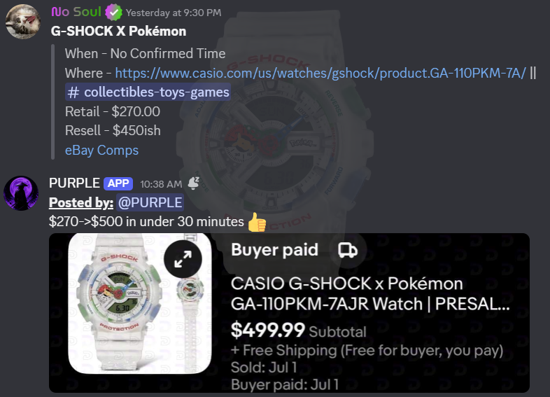 akchefs's tweet photo. 💵 WE'RE ON POKEMON EVERYTHING! 💵

Want to know how this Divine member knew when and where the G-SHOCK X Pokémon drop was happening? You probably know the answer already! 🐐

$270 to $500 in under 30 minutes! 🔥

⬇️ https://t.co/dfAiLC0TkJ