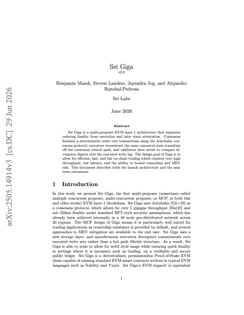 jayendra_jog's tweet photo. Today, I'm excited to share V2 of the Giga Whitepaper.

Big changes since v1:
- Even faster sub-250ms finality
- Pre-execution privacy
- Makes MEV on @SeiNetwork negligible

Giga will be more than high-performance. It will fundamentally change onchain trading. https://t.co/uhAUoSRp9l