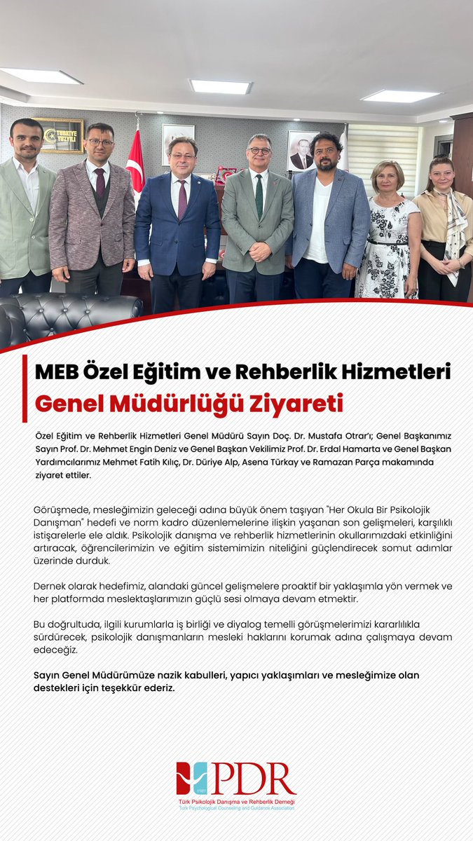 turkpdrdernegi's tweet photo. Genel Başkanımız Prof. Dr. Mehmet Engin Deniz ve yönetim kurulu üyelerimiz, MEB Özel Eğitim ve Rehberlik Hizmetleri Genel Müdürü Doç. Dr. Mustafa Otrar’ı ziyaret etti.

🔗 https://t.co/ZH2Y18xBO5 https://t.co/Yj7ImuBnS8