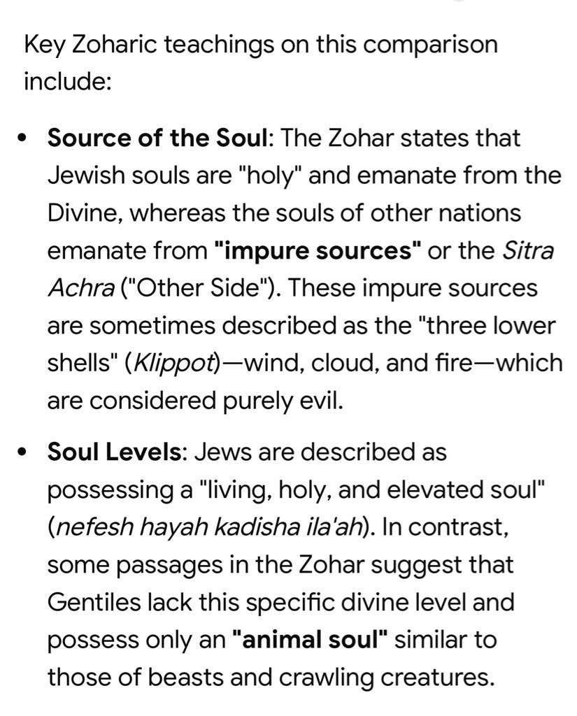 Libertymama888's tweet photo. @SprinterPress Fun fact:  The Chabad teaches that Jews have “divine souls” while goyim have “animal souls” made from impurity and evil. https://t.co/XY43UrzIE3