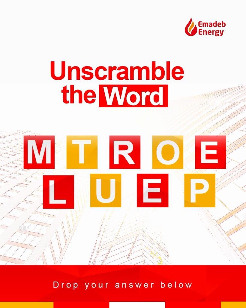 Emadebenergy_'s tweet photo. How fast can you unscramble this word?
Drop your correct answers in the comments below
#UnscrambleChallenge #EnergyFun #BrainTeaser #EmadebEnergy #WordGames https://t.co/54UjtQ2CY5