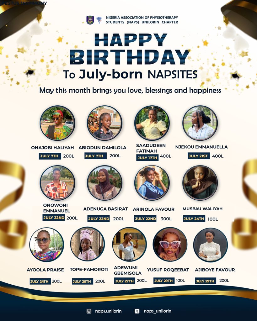 naps_unilorin's tweet photo. 🎉 Happy Birthday to our July-born NAPSites! 💙🥳
Wishing you a year filled with joy, good health, greater achievements, and endless opportunities. May this new chapter be your best yet!
Have an amazing celebration! 🎂✨
#NAPSUnilorin #JulyBorn #HappyBirthday https://t.co/sNpRlQz5Xt