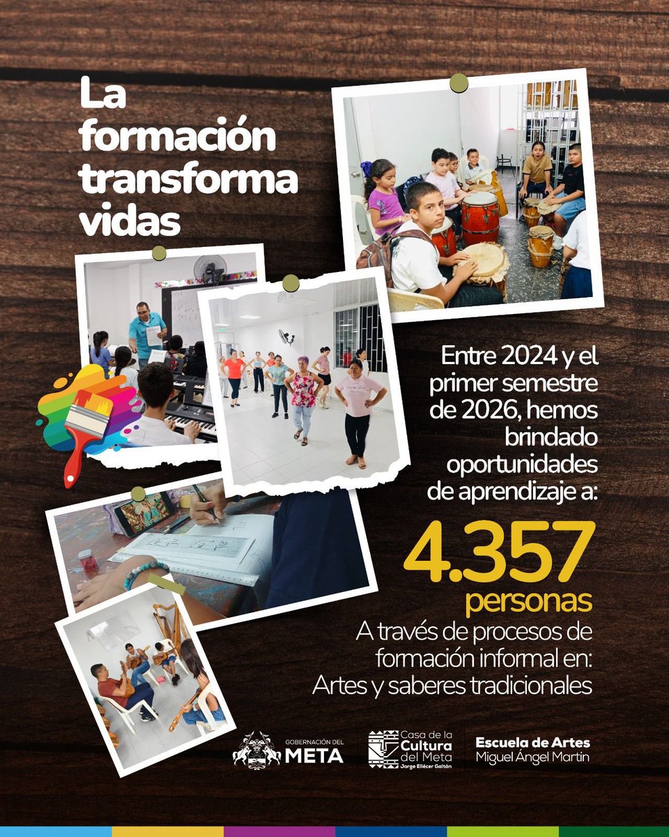 MarcosJmenez's tweet photo. En estos #Meta66Años celebramos un departamento que le apuesta a la formación y al talento. 🎨📚 Desde la Casa de la Cultura del Meta, 
más de 4.300 personas han fortalecido sus conocimientos en artes y saberes tradicionales, construyendo un Meta con más oportunidades para todos https://t.co/wUwPYruxt6