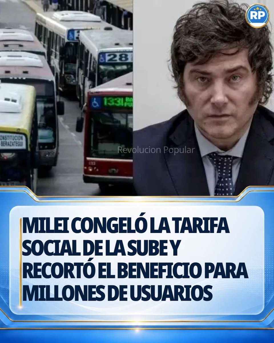 RPN_Oficial's tweet photo. En una nueva muestra de su política de ajuste fiscal contra los más vulnerables de la sociedad, el gobierno de Javier Milei oficializó un cambio estructural en el sistema de transporte que impacta de lleno en el bolsillo de jubilados, pensionados y otros grupos sociales que ya se encuentran al límite. A partir de este 1° de julio entró en vigencia la Resolución 40/2026, que modifica el esquema de cálculo de la tarifa social de la tarjeta SUBE.

La medida rompe con la actualización automática que acompañaba las subas de boletos en todo el país. De este modo, se establece un "techo" basado en valores que pueden quedar desactualizados, lo que somete a los beneficiarios a decisiones arbitrarias de la Secretaría de Transporte.

La normativa, publicada en el Boletín Oficial, determina que los usuarios del sistema "abonarán una tarifa con un descuento del cincuenta y cinco por ciento (55 %)", pero introduce una salvedad técnica que altera el espíritu del beneficio: el descuento ahora "será reconocido hasta el monto que resulte de aplicar dicho porcentaje sobre la tarifa de referencia". Esta "tarifa de referencia" quedó fijada de manera estática a los valores vigentes al 30 de junio de 2026.

Este cambio administrativo recae sobre un universo de usuarios ya castigados por la inflación: jubilados, pensionados, personal doméstico, veteranos de Malvinas y beneficiarios de la Asignación Universal por Hijo (AUH) y por Embarazo. También alcanza a monotributistas sociales y a quienes perciben seguros por desempleo o capacitación.